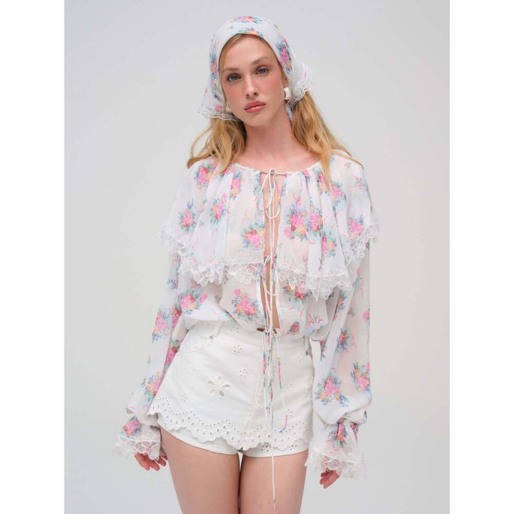 For Love & Lemons Doily Bouquet Long Sleeve Top M / White